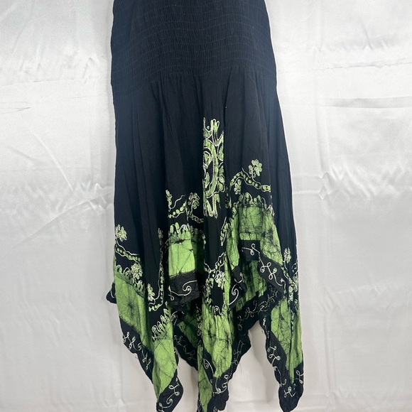 Halter Dress Womens Black Green Smocked Boho Gypsy Asymmetric Maxi Size Med - Picture 5 of 9